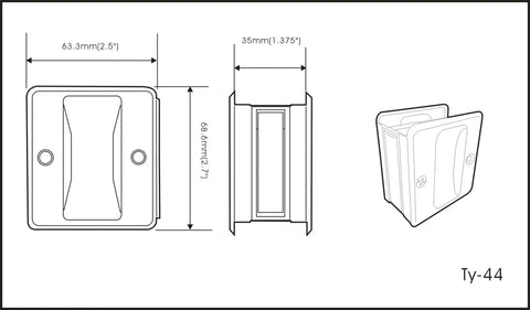 Technical drawing of Solid Brass Sliding Door Pull For Passage Doors Pocket Door Hardware In Polished Brass Finish, 4 Pack With Mounting Hardware And Installation Instructions, Dimensions 2-3/4 In Long, 2-1/2 In Wide, 1-3/8 In Deep, Made In Taiwan, showing multiple views of the product.