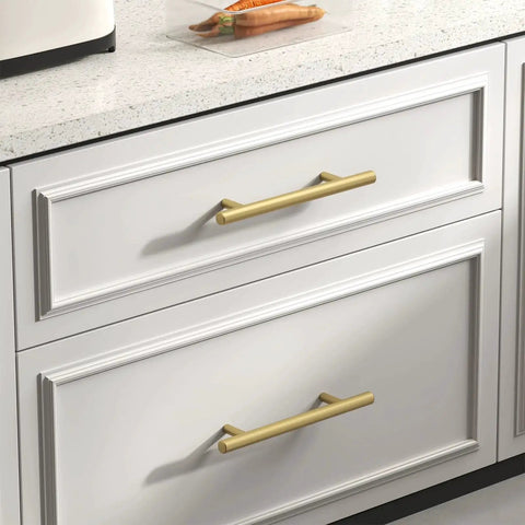 Solid Iron Cabinet Pulls 3 Inch Matte Gold Handles on white kitchen drawers