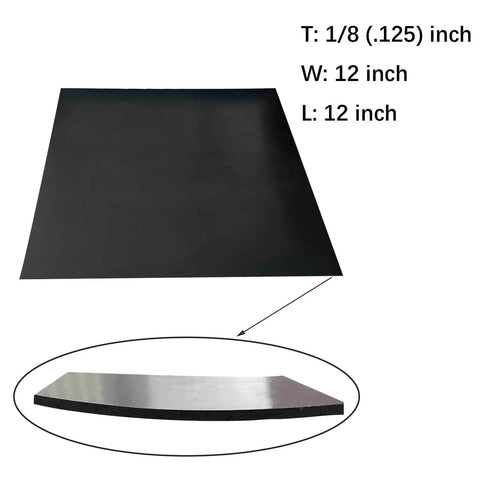 Solid Rubber Sheet Roll 1/8 Inch Thick 12x12 Inch With Adhesive Backing, shown with measurements and side view detail.