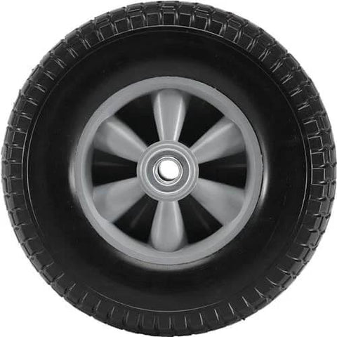 Alt Tag: Front view of 2-pack 10" x 2.5" solid rubber tire wheels, 10 inch tire and wheel flat free with 5/8" bearings, 2.1" offset hub.