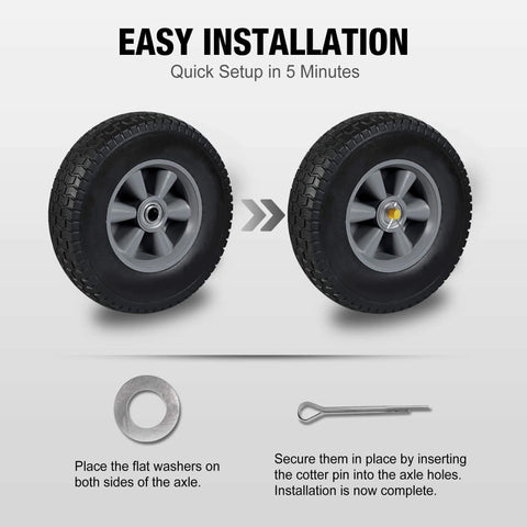 Installation guide for solid rubber tires and wheels, 10 inch flat free tubeless with 5/8" axle bore hole and 2.1" offset hub.