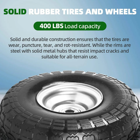 Solid rubber tire and wheel with 400 lbs load capacity, showcasing durable construction and steel hub for all-terrain use.
