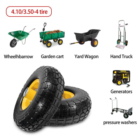 10" solid rubber tires and yellow wheels 4.10/3.50-4 (10 x 3.5) flat free for gorilla carts and wheelbarrows