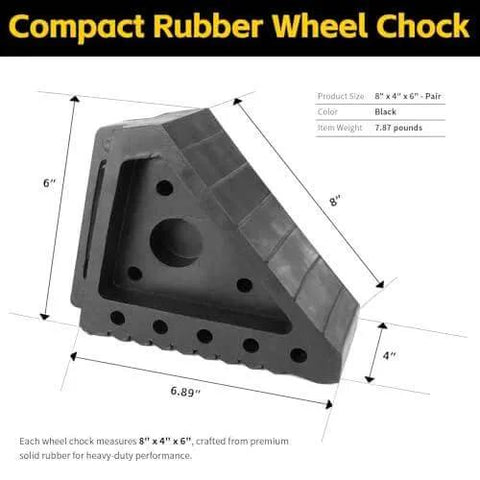 Solid Rubber Wheel Chocks 8 By 4 By 6 Inches 2 Pack With Built In Handle All Weather Non Slip Pads, dimension details shown