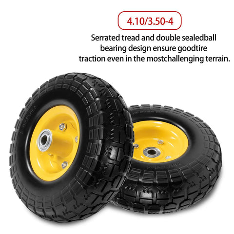 10" solid rubber tires and yellow wheels 4.10/3.50-4 flat free tire with 5/8" bearings, shown in a pair, for carts and wheelbarrows