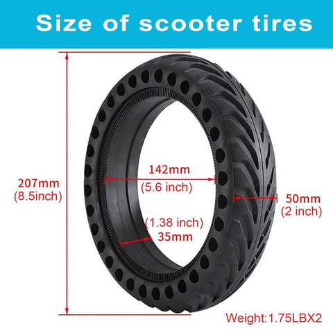 Solid Tires 8.5x2 Inches for Electric Scooter, 50/75-6.1Replacement Wheels, Rubber Tyre 8-1/2'' with dimensions labeled in inches and mm.