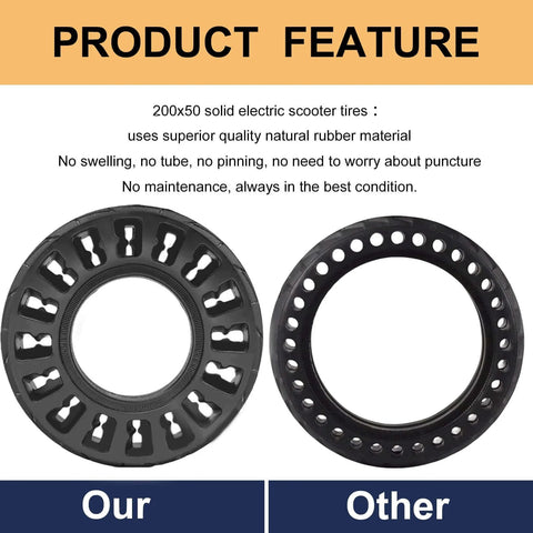 Comparison of 200x50 Solid Tire versus other scooter tires, showcasing puncture resistance and maintenance-free features.