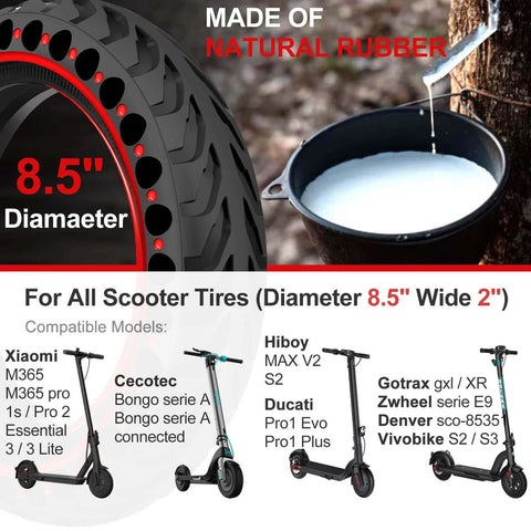 2PCS 8.5x2 inches Solid Tires for Electric Scooter, illustrated with natural rubber tapping and compatible scooter models