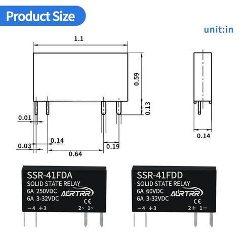Diagram and front view of Mini Slim DC Solid State Relay 1A For Development Boards Like ESP32 Raspberry Pi Arduino E-Bike Input 3-32V DC Output 5-60V DC Optocoupler Isolation Non-Contact Fast Response Low Noise No Heatsink Required with dimensions and pins