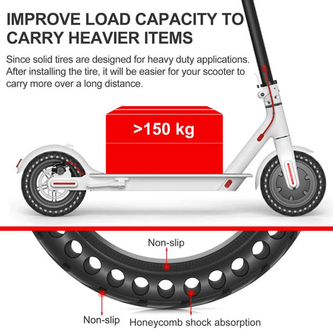 Illustration of electric scooter with 50/75-6.1 Tubeless Solid Tires for Electric Scooter, showing load capacity and non-slip tires.
