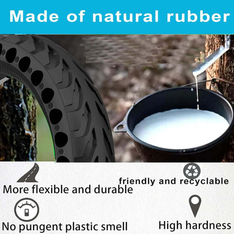 Image of Solid Tires 8.5x2 Inches for Electric Scooter showing natural rubber, durability features, and rubber sap collection.