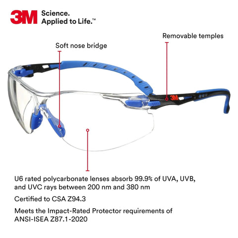 Solus 1000 Safety Glasses With Scotchgard Anti-Fog Coating ANSI Z87 Clear Lens, side view, highlighting soft nose bridge and removable temples.