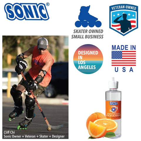 Sonic Citrus Power Bearing Cleaner for Inline Skates, Roller Skates, and Skateboards with athlete skating, USA-made label