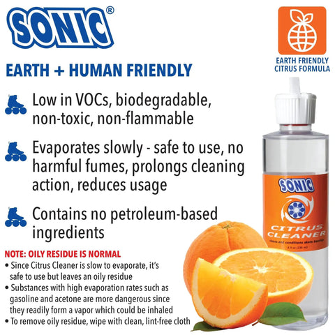Citrus Power Bearing Cleaner bottle with oranges, Earth friendly formula, biodegradable and low VOC, 8 oz from Sonic.