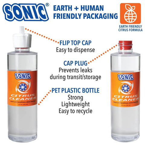 Image of Sonic's Citrus Power Bearing Cleaner bottle with flip top cap and cap plug, highlighting earth-friendly packaging.