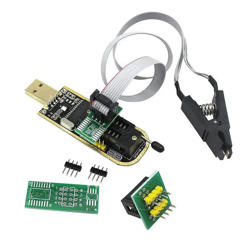 SOP8 SOIC8 In Circuit Test Clip For BIOS Programming With CH341A USB Programmer, components displayed on white background