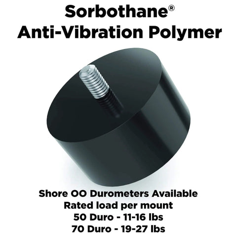 Sorbothane Vibration Stud Mount for 1/4-20 Threads Male to Male 1 Inch High by 1.5 Inch Diameter 50 Durometer Anti Vibration Isolator Cushions Pack of Four, front view