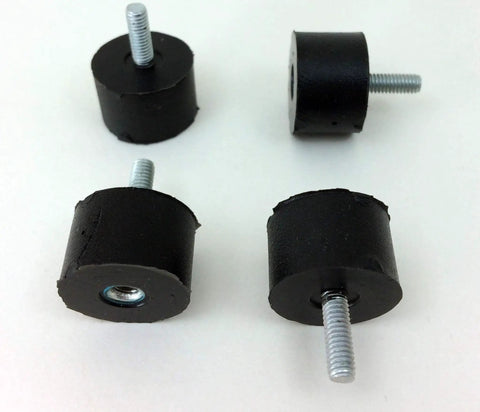 Four Sorbothane Vibration Stud Mounts, 12.7mm height, 19mm diameter, for shock absorption in electronics and machinery applications.