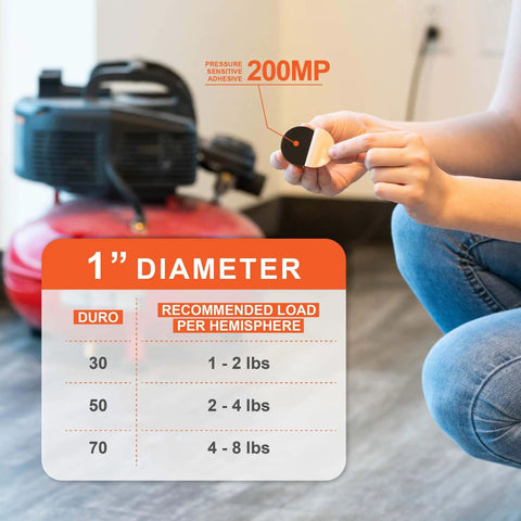 Person holding a Sorbothane One Inch Hemisphere Rubber Bumper With Adhesive Backing in front of tech equipment, showcasing vibration isolation specs and durometer chart.