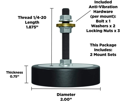 Experience superior anti-vibration and leveling with Sorbothane mounts that absorb shock for millions of cycles, reduce creep, and stabilize equipment with 1/4-20 threads, 2 inch stud, 2 inch diameter, 70 Duro, two pieces shown with dimensions and hardware.