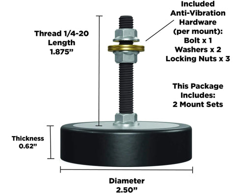 Anti Vibration Leveling Mount Kit With Sorbothane Shock Absorption 70 Duro For Superior Dampening One Quarter Twenty Mounting Stud Five Eighths Inch Height And Two And A Half Inches Diameter Two Piece Set For Smooth Quiet Operation shown with dimensions and hardware
