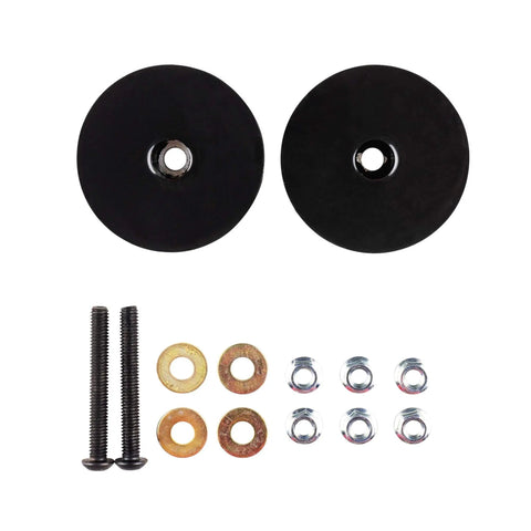 Experience vibration-free operation with Sorbothane anti vibration leveling mounts for 3/8-16 threaded connections, 3 inch stud length, 0.88 inch height, 3.5 inch diameter, 70 duro, pair that absorbs shock for millions of cycles and stabilizes loads, including bolts, washers, and nuts visible.