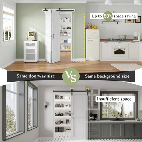 Double 24 Inch Bi Fold Barn Door Set For 48 X 84 Inch Openings With 4.3 Ft Rail And Hardware Kit Included MDF Wood Panel With PVC Surface For Easy Cleaning Space Saving Sliding Closet Doors In White Finish DIY Assembly Ready For Quick Installation shown installed in a kitchen for space saving.