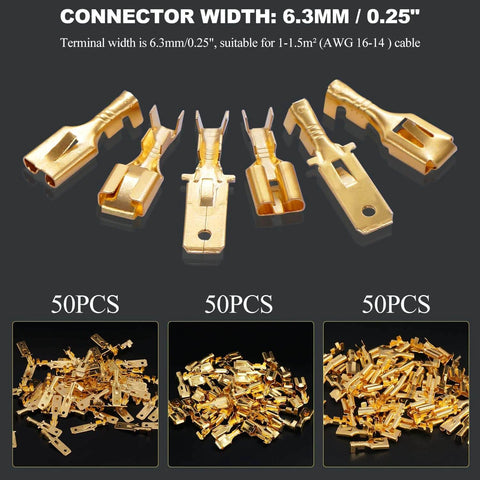 150Pcs 6.3Mm Spade Connectors Kit Quick Splice Crimp Terminals Non Insulated For 16 Or 14 Gauge Wire Great For Car Audio Speakers Relays Headlights Alarm Remote Start Wiring Projects, showing tin-plated copper connectors for automotive use.