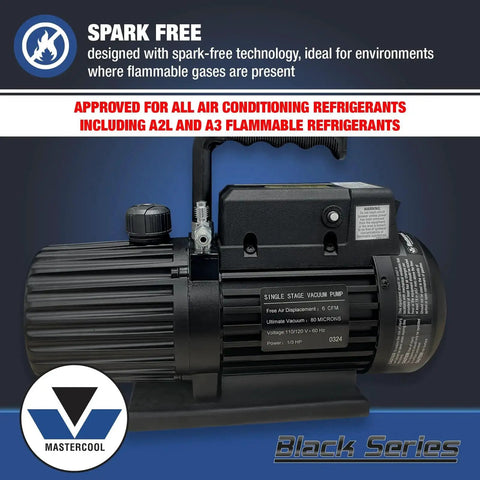 Powerful 6 CFM Spark Free Vacuum Pump For HVAC Pros Mastercool Black Series 90066 BL SF with thermally protected motor and fan.