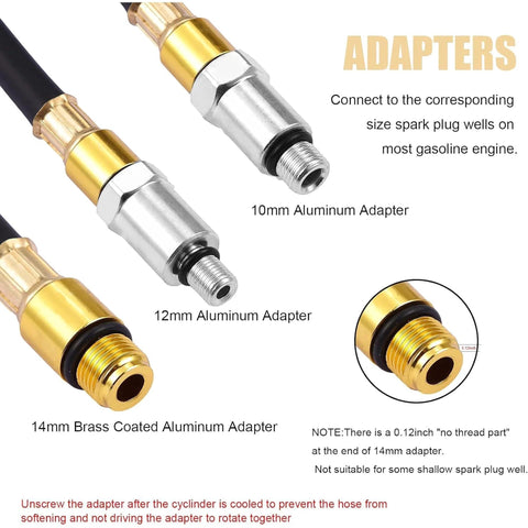 Cylinder Leak Down Tester Kit with three adapters: 10mm aluminum, 12mm aluminum, 14mm brass-coated aluminum