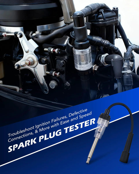 Spark plug tester adapter and dual-gauge engine leak-down tester kit shown with engine bay components