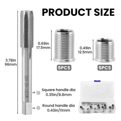 Spark Plug Thread Repair Kit For Automotive Engines M10 By 1 Tap And M12 By 1 Tap with sizes and case shown