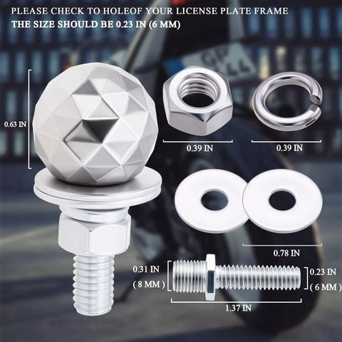 Sparkle Ball License Plate Screws 4 Pack Universal Anti Theft Bolts with nuts and washers, silver, stainless steel, 6mm thread diameter.