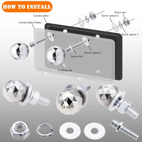 Sparkle Ball License Plate Screws 4 Pack Universal Anti Theft Bolts for Car Truck Motorcycle with installation guide