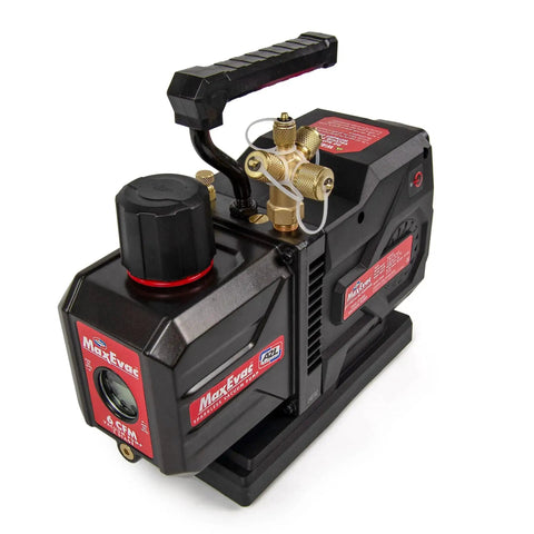 Go-To 6 CFM 2-Stage Sparkless Battery Powered Vacuum Pump for HVAC with brass fittings and handle, compatible with Makita, DeWalt, Milwaukee