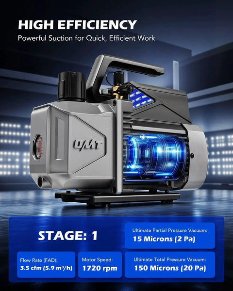 Sparkless Pro Grade Vacuum Pump For Auto HVAC Systems 3.5 CFM 1/4 HP Single Stage Ignition Proof Safe Switch 15 Micron Ultimate Vacuum