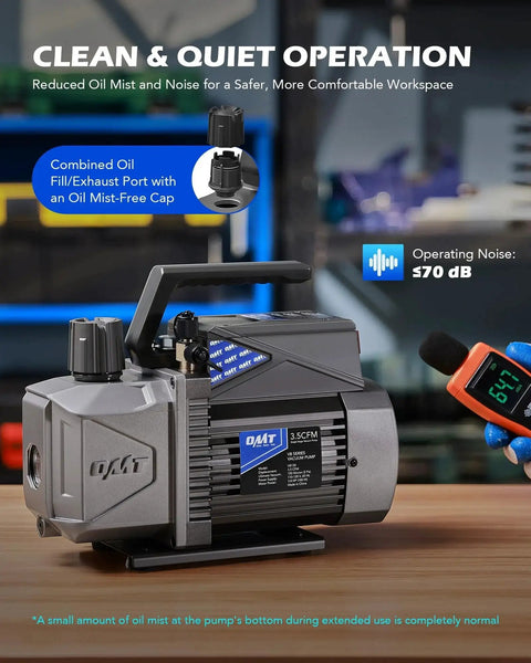 Sparkless Pro Grade Vacuum Pump For Auto HVAC Systems 3.5 CFM 1/4 HP Single Stage Ignition Proof Safe Switch shown in operation