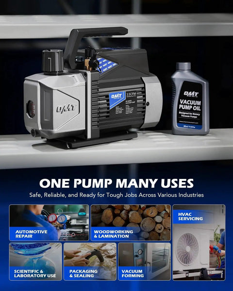 Sparkless Pro Grade Vacuum Pump For Auto HVAC Systems 3.5 CFM 1/4 HP shown with vacuum pump oil, ideal for pro and DIY installations.