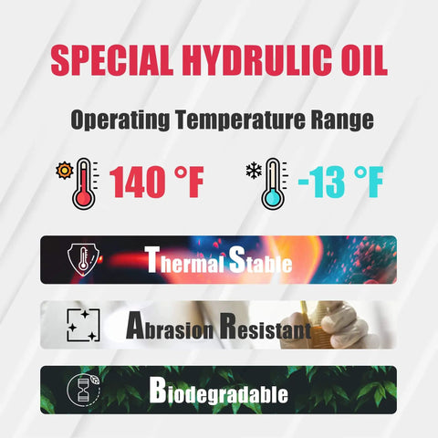 Special hydraulic oil with operating temperature range -13°F to 140°F, features thermal stability, abrasion resistance, biodegradable.