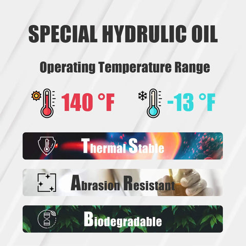 Special hydraulic oil features thermal stability, abrasion resistance, and biodegradable properties with temperature range -13°F to 140°F.