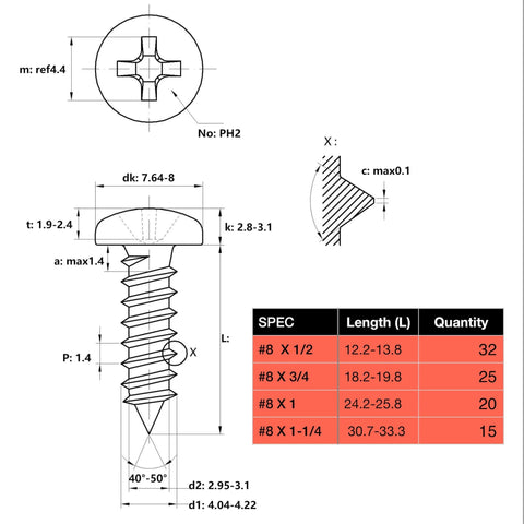 Dimensions and specifications of an #8 size self tapping screw from the 552 Pcs Self Tapping Screws Assortment Set.