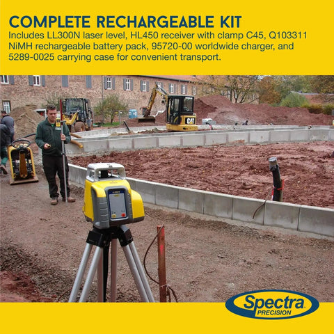 Spectra Precision LL300N-4 Self-Leveling Rotary Laser Kit on jobsite with concrete foundation, HL450 receiver visible