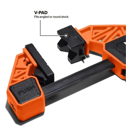 Close-up view of Speed Klamp 6 Inch Bar Clamp from Klein Tools with pivoting V-Pad for woodworking and metal projects.