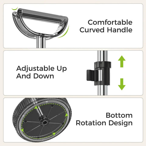 Close-up of Two Tier Rotating Spice Rack Turntable features: comfortable handle, adjustable center rod, bottom rotation design.