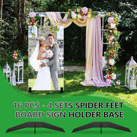 16 Piece Spider Feet Board Sign Holder Base Set for adjustable floor mount in use at outdoor event with floral decorations