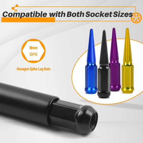 Spiked Lug Nut Socket Key 19mm Hex Replacement Tool For M14x1.5 M14x2.0 9/16-18 1/2-20 M12x1.5 And M12x1.25 in black chrome