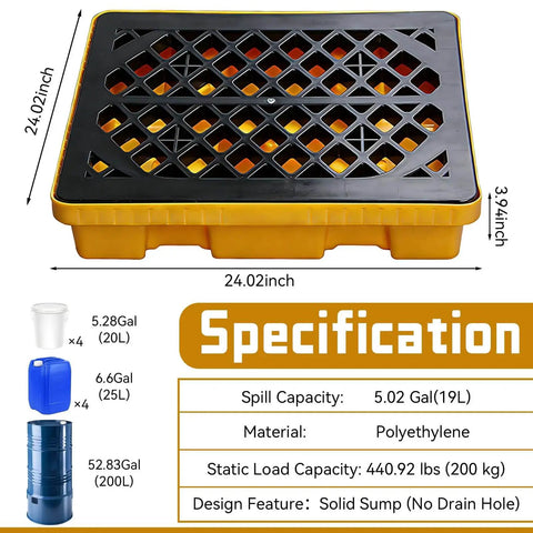 Spill Containment Pallet For One Drum 5 Gallon, Anti Slip Plastic Tray with 24 Inch Square Footprint, Chemical Resistant