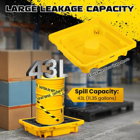 Spill Containment Pallet With Drain Outlet For 200L Drum, Heavy Duty Tray Platform, 43 L Spill Capacity, shown in storage area