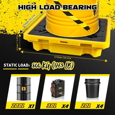 Spill Containment Pallet With Drain Outlet For 200L Drum, Heavy Duty Tray Platform, shown with dimensions and load capacity details.