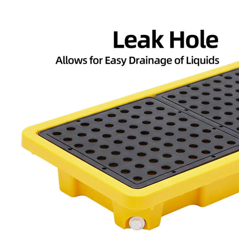 Close-up of Spill Containment Pallet Set For Two Drums With Drain Outlet, Heavy Duty Plastic Platform, showing leakproof tray section.